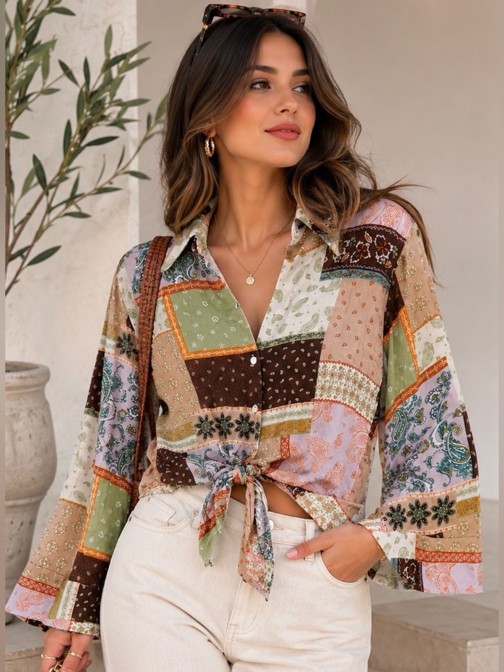 Meritt Women’s Patchwork Paisley Tie Front Blouse Size S Boho Long Sleeve Top